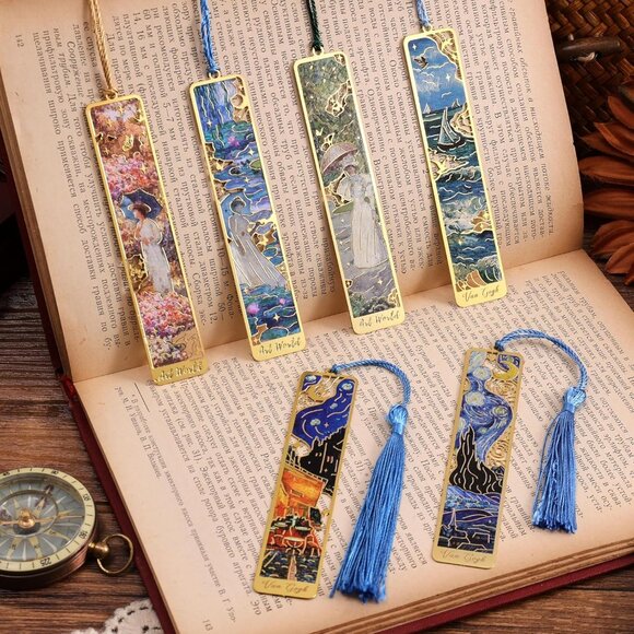 12 Pieces Metal Bookmarks with Tassel, Golden Hollow Bookmark Oil Painting Theme - Picture 7 of 8